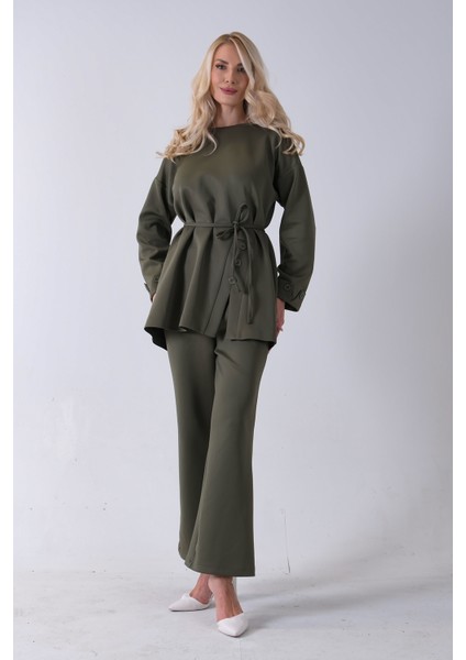 Haki Bisiklet Yaka Önü Düğme Kapama Görünümlü Pantolonlu Scuba Takım 4592265.23