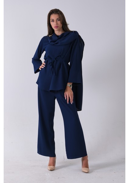 Lacivert Şal Yaka Üzeri Broş Detaylı Pantolonlu Takım 4592270.02
