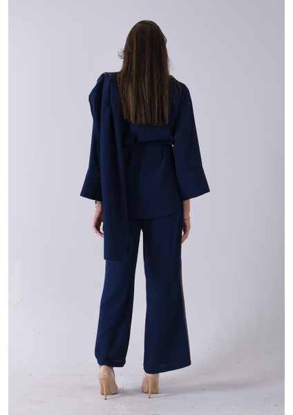 Lacivert Şal Yaka Üzeri Broş Detaylı Pantolonlu Takım 4592270.02