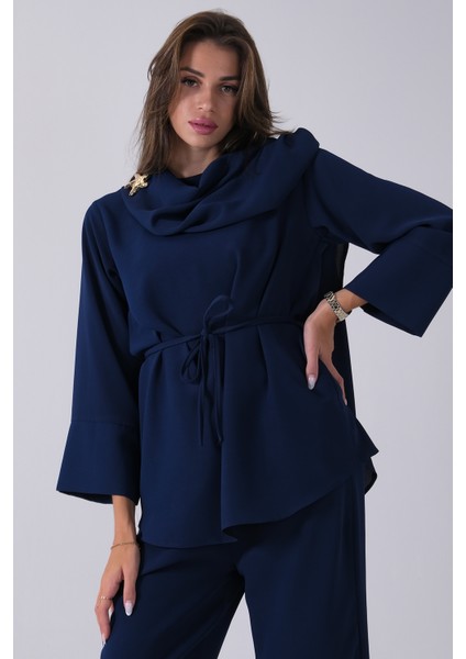 Lacivert Şal Yaka Üzeri Broş Detaylı Pantolonlu Takım 4592270.02