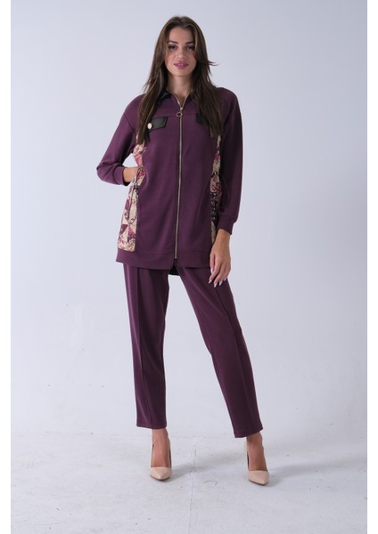 Mürdüm Üzeri Desenli Yaka Deri Detaylı Fermuar Kapamalı Tunik Pantolonlu Takım 4703058.21