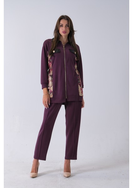 Mürdüm Üzeri Desenli Yaka Deri Detaylı Fermuar Kapamalı Tunik Pantolonlu Takım 4703058.21 fiyatları