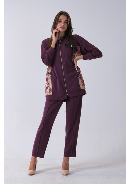 Mürdüm Üzeri Desenli Yaka Deri Detaylı Fermuar Kapamalı Tunik Pantolonlu Takım 4703058.21 modelleri