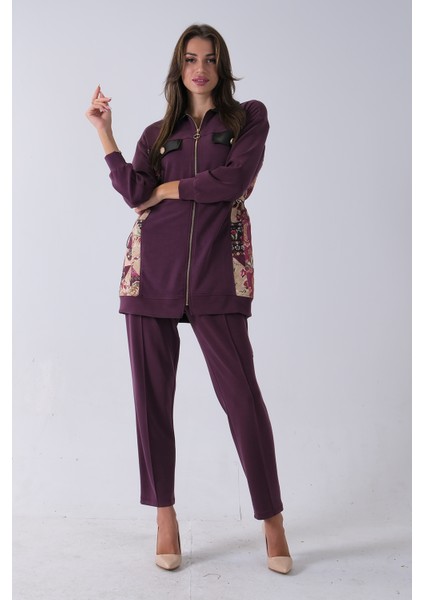 Mürdüm Üzeri Desenli Yaka Deri Detaylı Fermuar Kapamalı Tunik Pantolonlu Takım 4703058.21 fırsatları