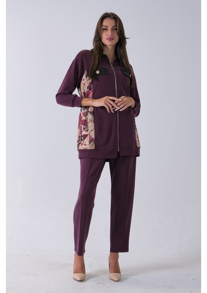 Mürdüm Üzeri Desenli Yaka Deri Detaylı Fermuar Kapamalı Tunik Pantolonlu Takım 4703058.21 indirimleri