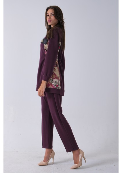 Mürdüm Üzeri Desenli Yaka Deri Detaylı Fermuar Kapamalı Tunik Pantolonlu Takım 4703058.21