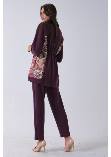 Mürdüm Üzeri Desenli Yaka Deri Detaylı Fermuar Kapamalı Tunik Pantolonlu Takım 4703058.21