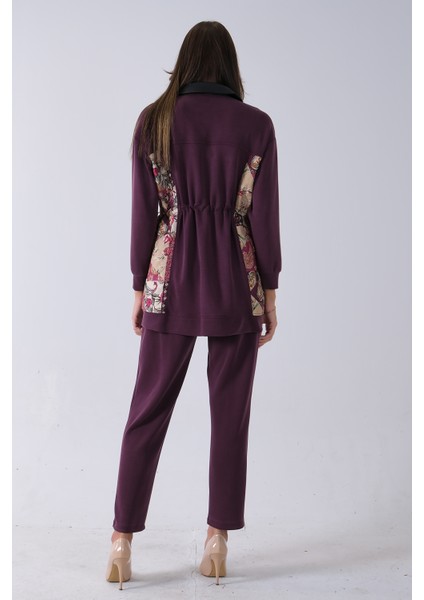 Mürdüm Üzeri Desenli Yaka Deri Detaylı Fermuar Kapamalı Tunik Pantolonlu Takım 4703058.21