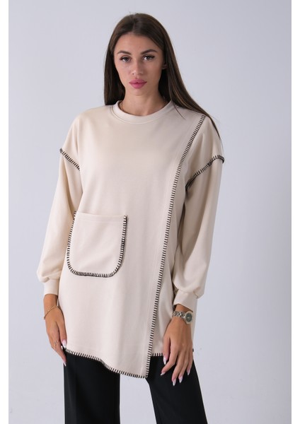 Taş Önü Kanguru Cep Detaylı Çizgi Dikişli Bisiklet Yaka Tunik 940170263.50