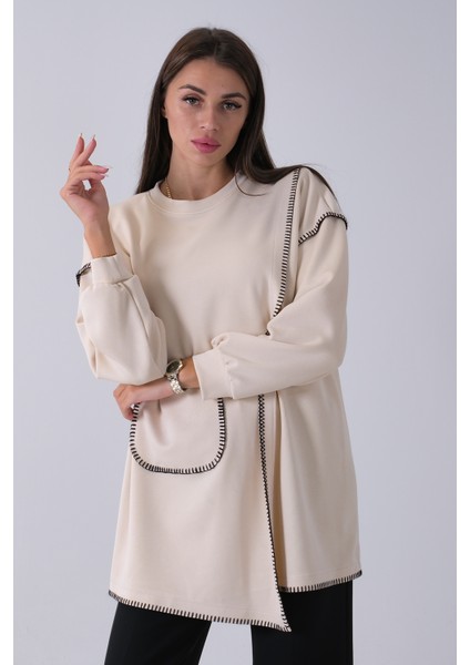 Taş Önü Kanguru Cep Detaylı Çizgi Dikişli Bisiklet Yaka Tunik 940170263.50 fiyatları