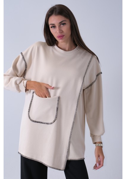 Taş Önü Kanguru Cep Detaylı Çizgi Dikişli Bisiklet Yaka Tunik 940170263.50 modelleri