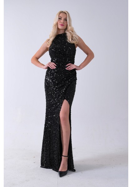 Siyah Bisiklet Yaka Kolsuz Yırtmaç Detaylı Pul Payet Abiye 9705482.01