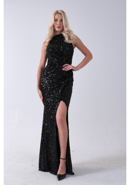 Siyah Bisiklet Yaka Kolsuz Yırtmaç Detaylı Pul Payet Abiye 9705482.01 fiyatları