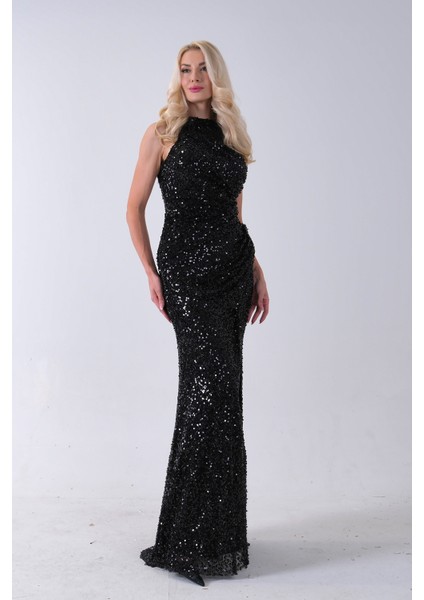 Siyah Bisiklet Yaka Kolsuz Yırtmaç Detaylı Pul Payet Abiye 9705482.01 modelleri