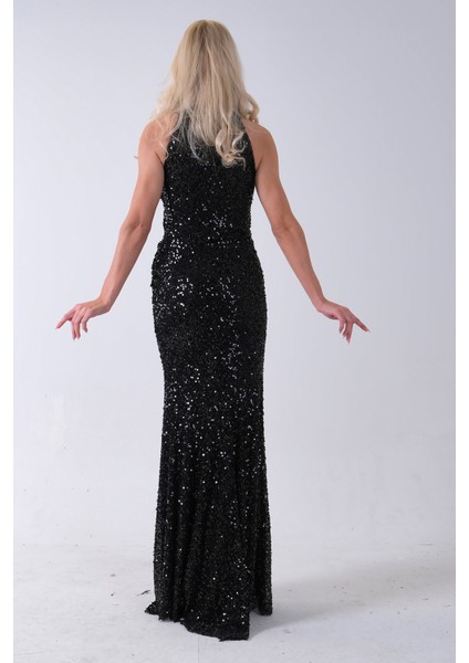 Siyah Bisiklet Yaka Kolsuz Yırtmaç Detaylı Pul Payet Abiye 9705482.01 fırsatları