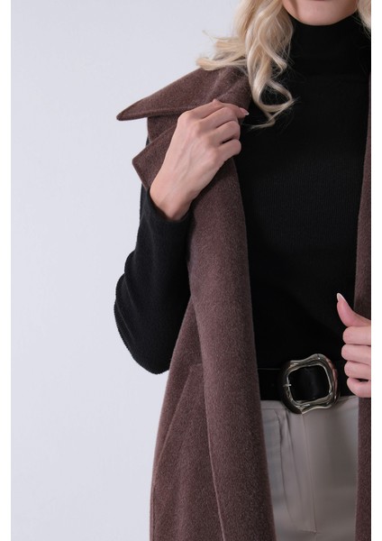 Kahve Yakalı Cepli 2 Düğmeli Kemer Bağlamalı Kaşe Yelek 5307107.05