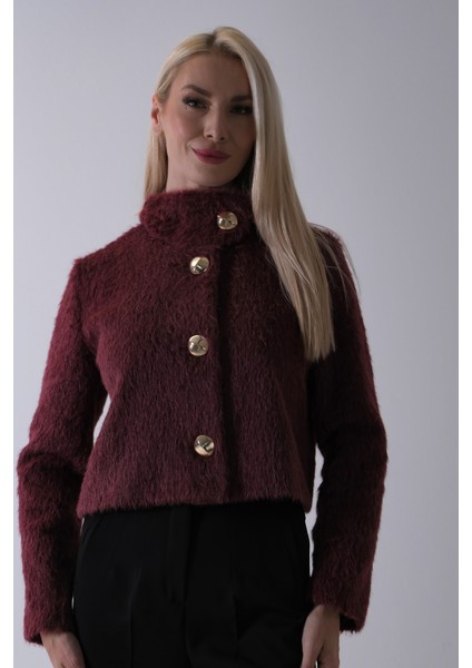 Bordo Yarım Balıkçı Yaka 4 Düğmeli Kaşe Yün Ceket 5307121.04