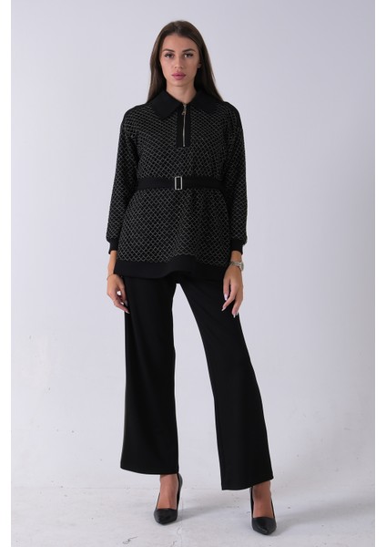 Siyah Tunik Yaka Fermuar Kapamalı File Detaylı Pantolonlu Takım 4577283.01