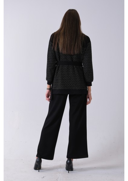 Siyah Tunik Yaka Fermuar Kapamalı File Detaylı Pantolonlu Takım 4577283.01