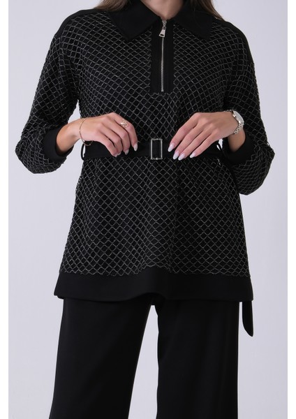 Siyah Tunik Yaka Fermuar Kapamalı File Detaylı Pantolonlu Takım 4577283.01