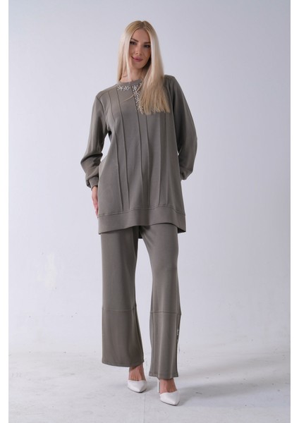 Haki Yaka ve Pantolon Paçası Taş Detaylı Tunikli Takım 4703048.23