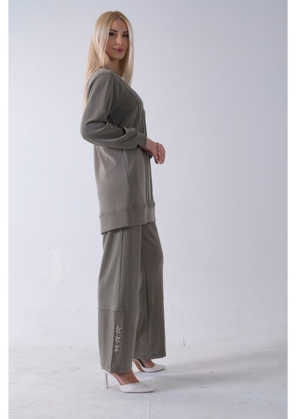 Haki Yaka ve Pantolon Paçası Taş Detaylı Tunikli Takım 4703048.23 modelleri