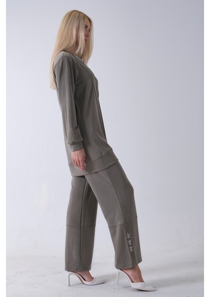 Haki Yaka ve Pantolon Paçası Taş Detaylı Tunikli Takım 4703048.23 fırsatları