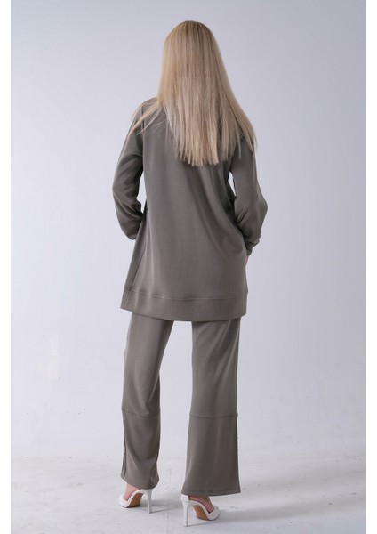 Haki Yaka ve Pantolon Paçası Taş Detaylı Tunikli Takım 4703048.23 indirimleri