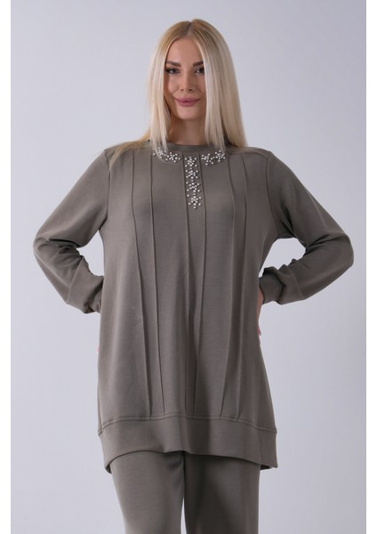 Haki Yaka ve Pantolon Paçası Taş Detaylı Tunikli Takım 4703048.23