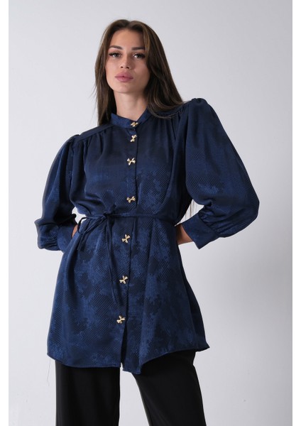 Lacivert Hakim Yaka Bel Bağlamalı Desenli Tunik 4595333.02 fiyatları