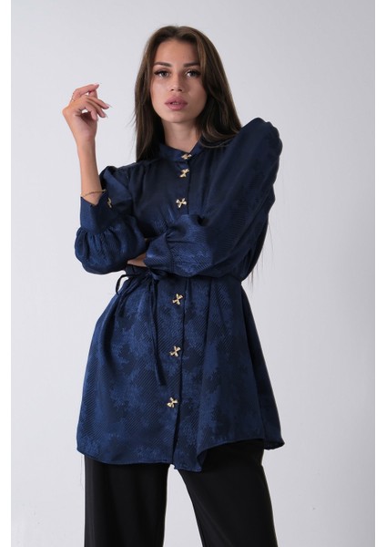 Lacivert Hakim Yaka Bel Bağlamalı Desenli Tunik 4595333.02 modelleri