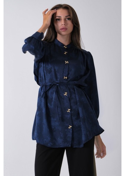 Lacivert Hakim Yaka Bel Bağlamalı Desenli Tunik 4595333.02 fırsatları