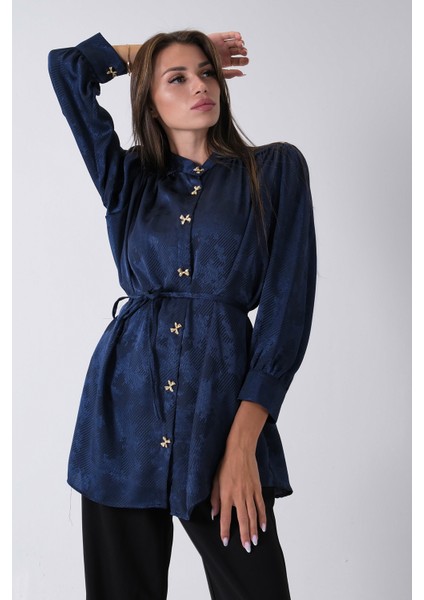 Lacivert Hakim Yaka Bel Bağlamalı Desenli Tunik 4595333.02