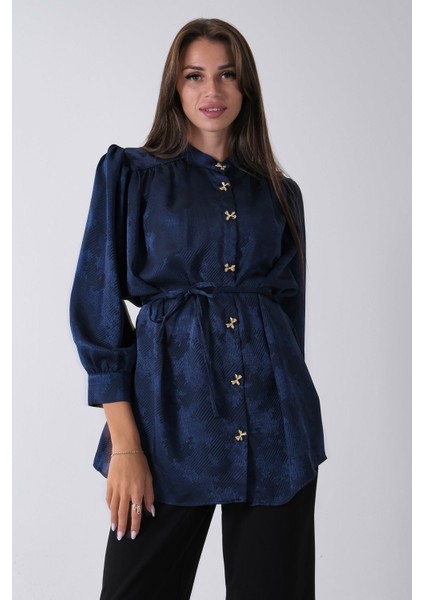Lacivert Hakim Yaka Bel Bağlamalı Desenli Tunik 4595333.02