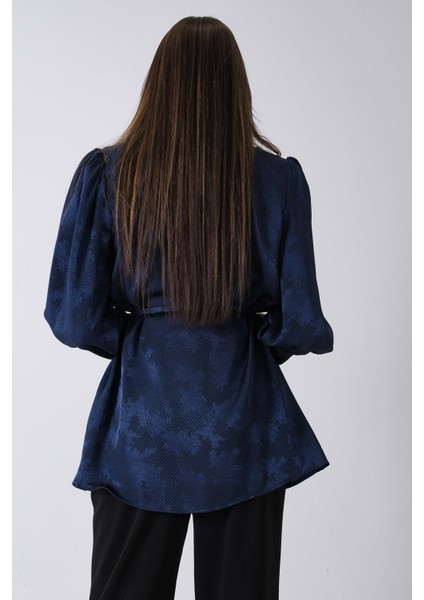 Lacivert Hakim Yaka Bel Bağlamalı Desenli Tunik 4595333.02