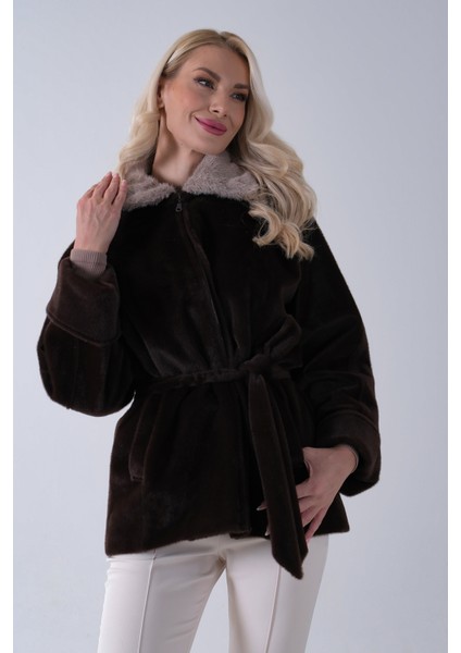 Koyu Kahve Yakası Kürk Detaylı Kemerli Fermuar Kapamalı Kaşe Ceket 5307098.486