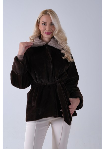 Koyu Kahve Yakası Kürk Detaylı Kemerli Fermuar Kapamalı Kaşe Ceket 5307098.486 fiyatları