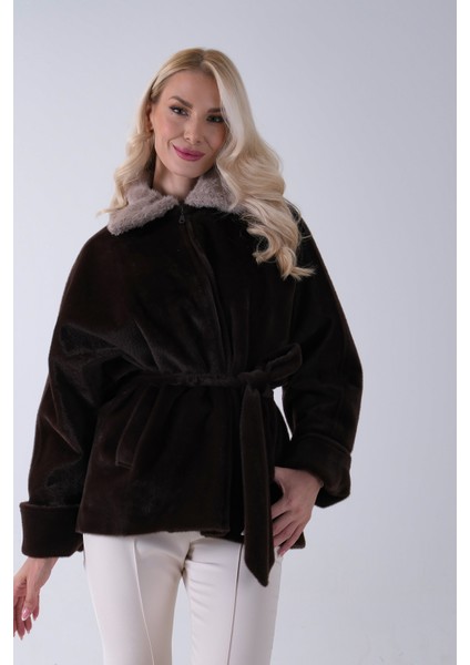 Koyu Kahve Yakası Kürk Detaylı Kemerli Fermuar Kapamalı Kaşe Ceket 5307098.486 modelleri