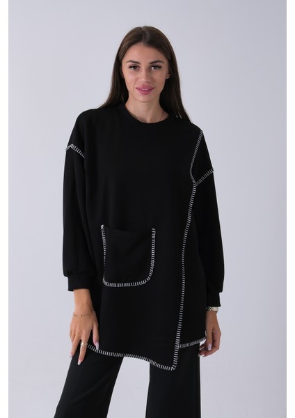 Siyah Önü Kanguru Cep Detaylı Çizgi Dikişli Bisiklet Yaka Tunik 940170263.01