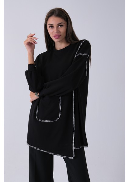 Siyah Önü Kanguru Cep Detaylı Çizgi Dikişli Bisiklet Yaka Tunik 940170263.01 fiyatları