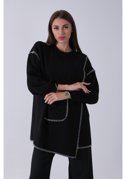 Siyah Önü Kanguru Cep Detaylı Çizgi Dikişli Bisiklet Yaka Tunik 940170263.01 modelleri