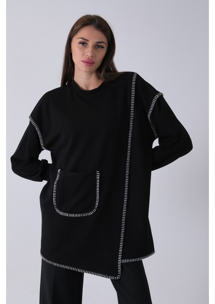 Siyah Önü Kanguru Cep Detaylı Çizgi Dikişli Bisiklet Yaka Tunik 940170263.01 fırsatları
