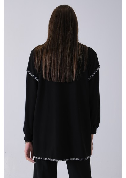 Siyah Önü Kanguru Cep Detaylı Çizgi Dikişli Bisiklet Yaka Tunik 940170263.01