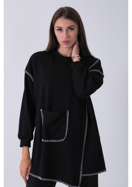 Siyah Önü Kanguru Cep Detaylı Çizgi Dikişli Bisiklet Yaka Tunik 940170263.01