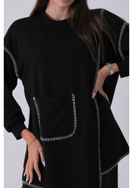 Siyah Önü Kanguru Cep Detaylı Çizgi Dikişli Bisiklet Yaka Tunik 940170263.01