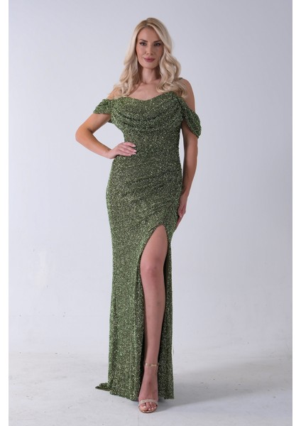 Haki Düşük Omuz Yırtmaç Detaylı Pul Payet Abiye 9705646.23