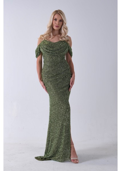 Haki Düşük Omuz Yırtmaç Detaylı Pul Payet Abiye 9705646.23 modelleri