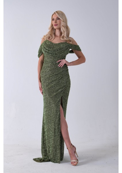 Haki Düşük Omuz Yırtmaç Detaylı Pul Payet Abiye 9705646.23 indirimleri