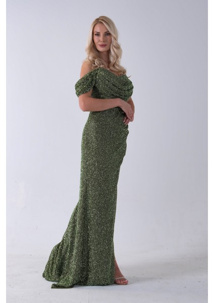 Haki Düşük Omuz Yırtmaç Detaylı Pul Payet Abiye 9705646.23