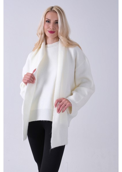 Ekru Şal Aksesuarlı Bisiklet Yaka Triko Kazak 46892633.147
